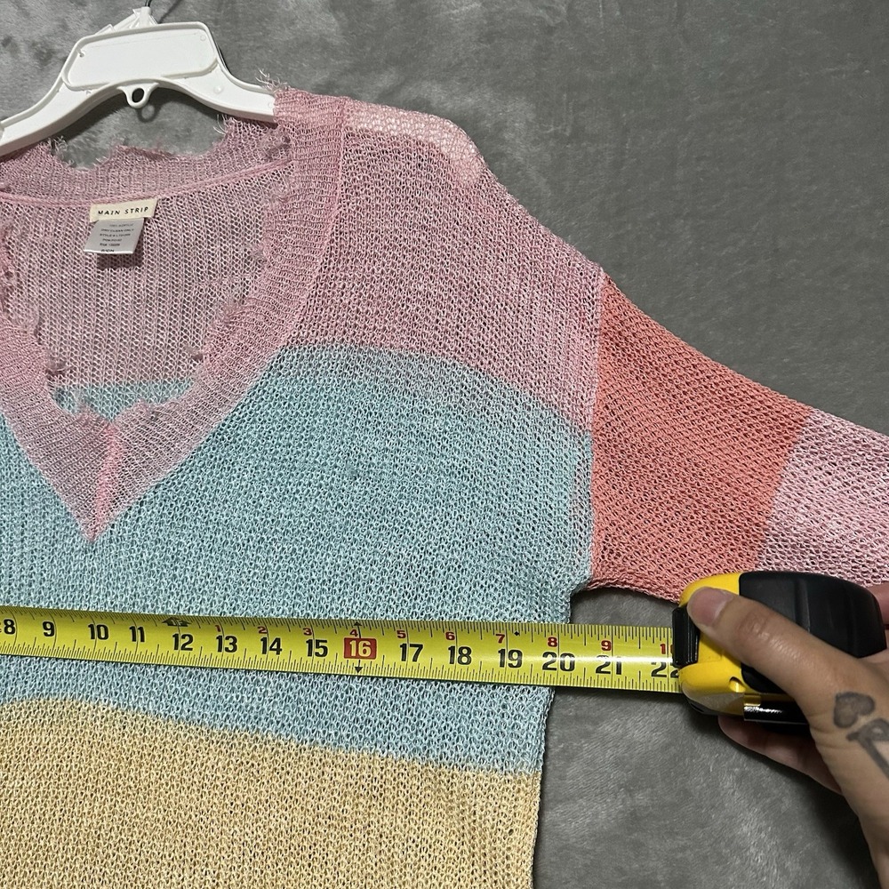 Main Strip Distressed V Neck Sweater Womens S Pink Colorblock Oversized Boho - Picture 3 of 5